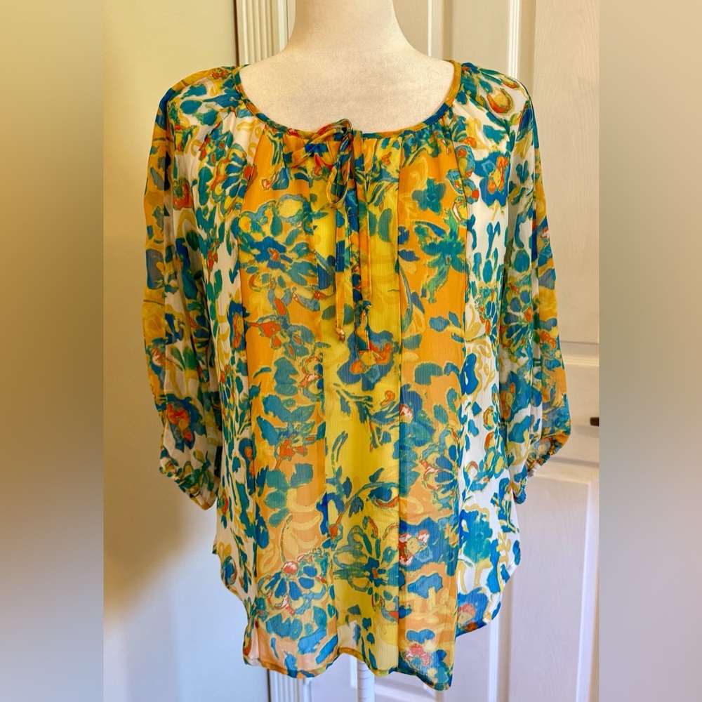 Figueroa & Flower Gold and Blue Floral Print w/ Tie Front 3/4 Sleeve, Sz MP